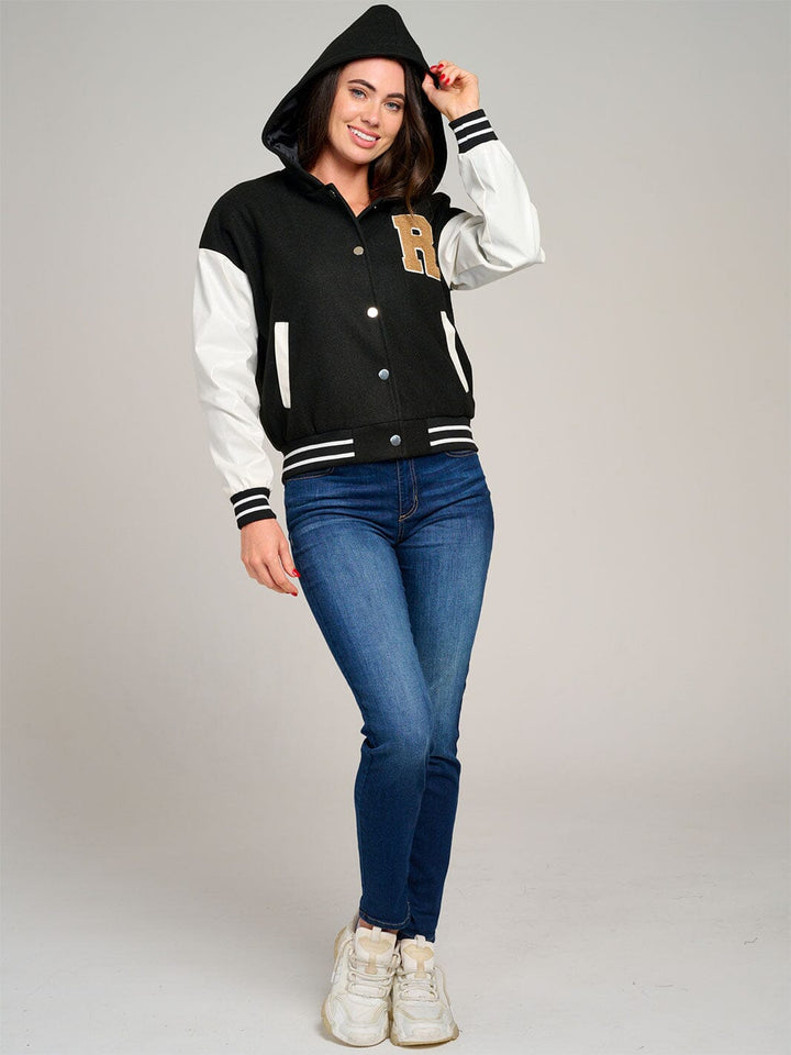 WOMEN'S LONG SLEEVE BUTTON CLOSURE POCKETS HOODED VARSITY JACKET