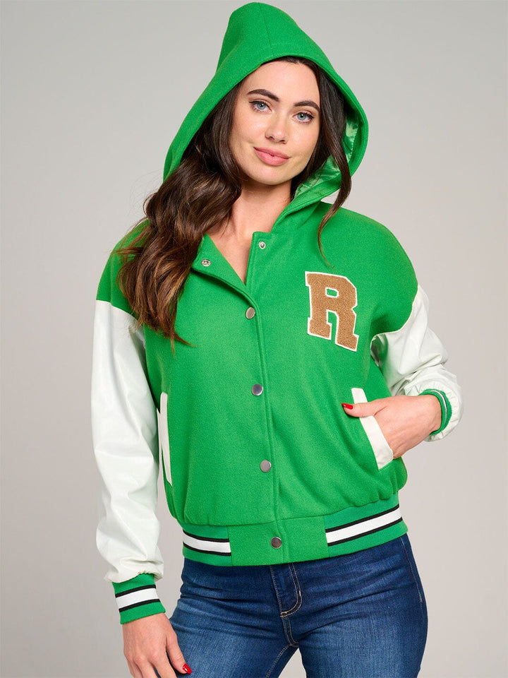 WOMEN'S LONG SLEEVE BUTTON CLOSURE POCKETS HOODED VARSITY JACKET