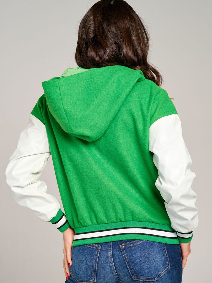 WOMEN'S LONG SLEEVE BUTTON CLOSURE POCKETS HOODED VARSITY JACKET