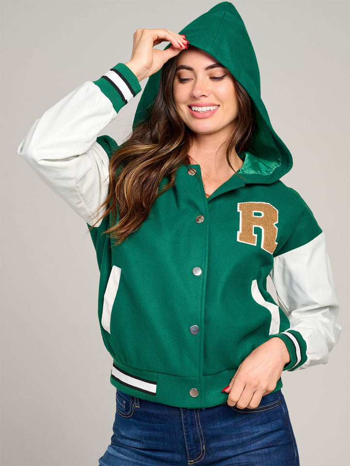 WOMEN'S LONG SLEEVE BUTTON CLOSURE POCKETS HOODED VARSITY JACKET