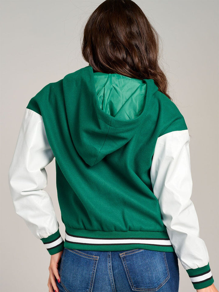 WOMEN'S LONG SLEEVE BUTTON CLOSURE POCKETS HOODED VARSITY JACKET