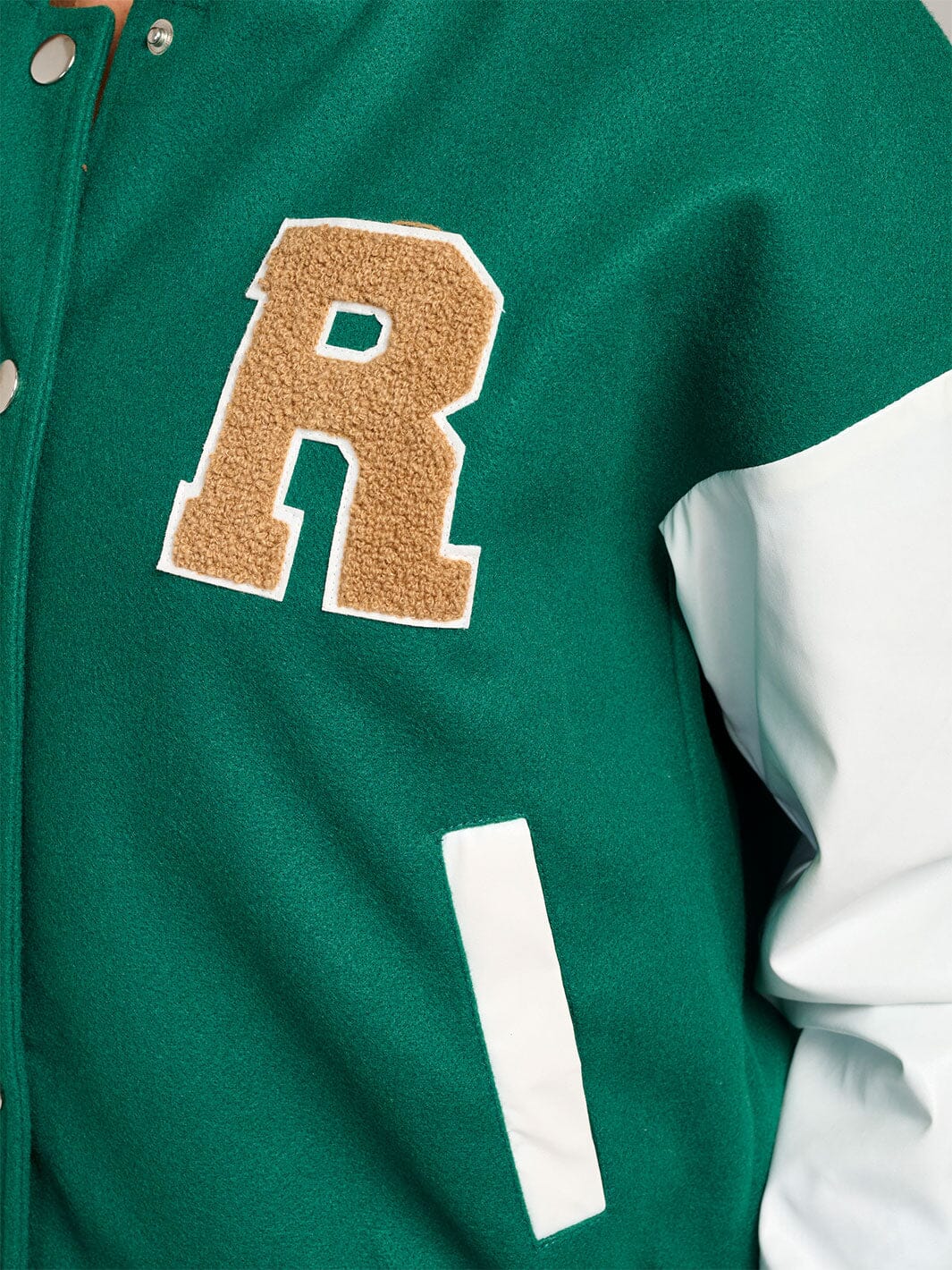 WOMEN'S LONG SLEEVE BUTTON CLOSURE POCKETS HOODED VARSITY JACKET