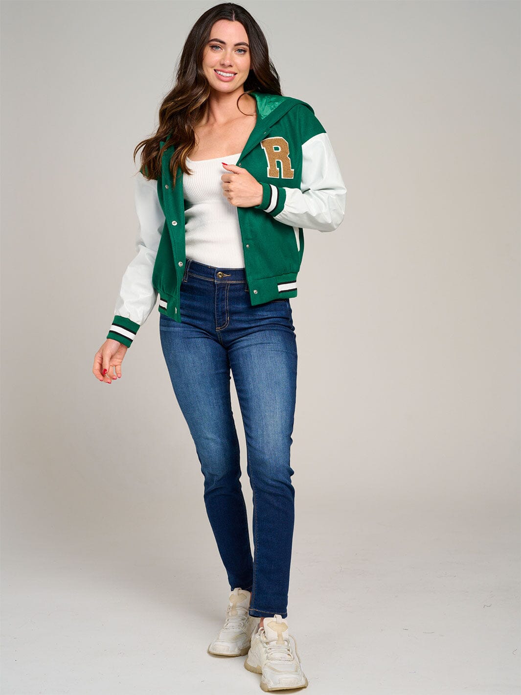 WOMEN'S LONG SLEEVE BUTTON CLOSURE POCKETS HOODED VARSITY JACKET