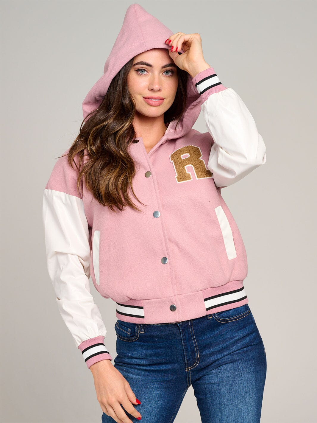 WOMEN'S LONG SLEEVE BUTTON CLOSURE POCKETS HOODED VARSITY JACKET