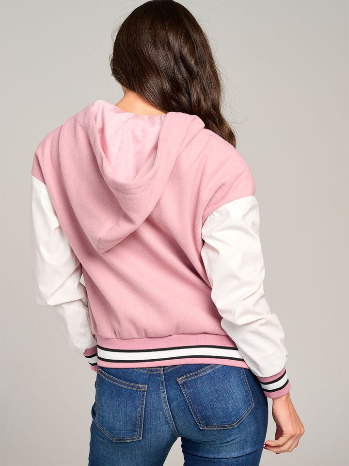 WOMEN'S LONG SLEEVE BUTTON CLOSURE POCKETS HOODED VARSITY JACKET