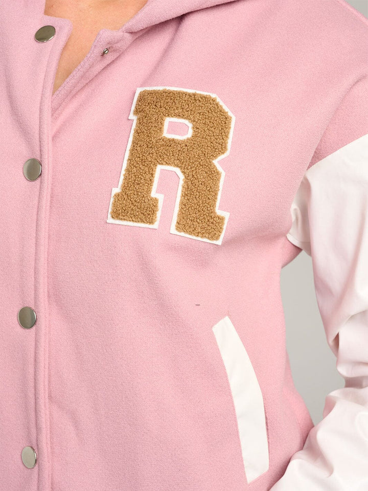 WOMEN'S LONG SLEEVE BUTTON CLOSURE POCKETS HOODED VARSITY JACKET