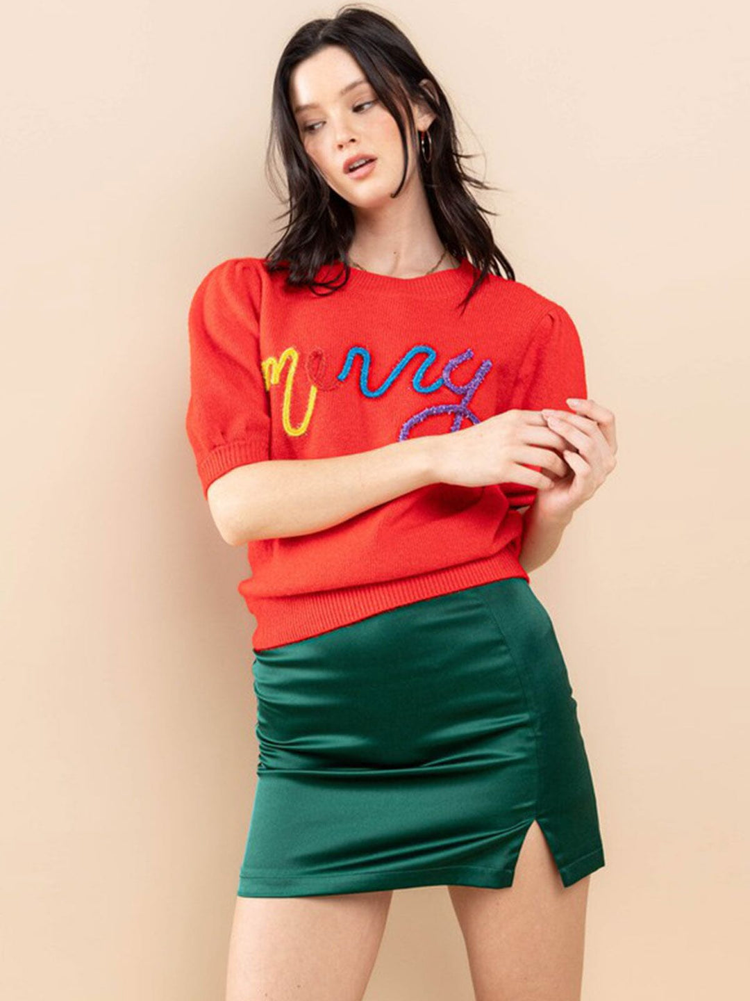 WOMEN'S SHORT PUFF SLEEVE GRAPHIC DETAILED BLOUSE