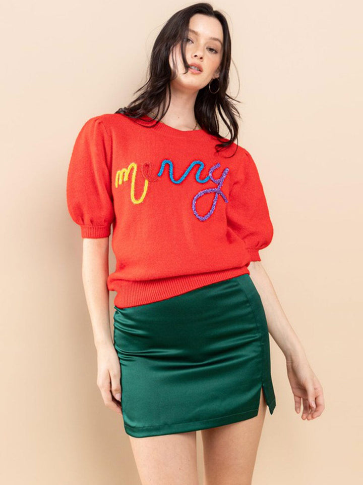 WOMEN'S SHORT PUFF SLEEVE GRAPHIC DETAILED BLOUSE