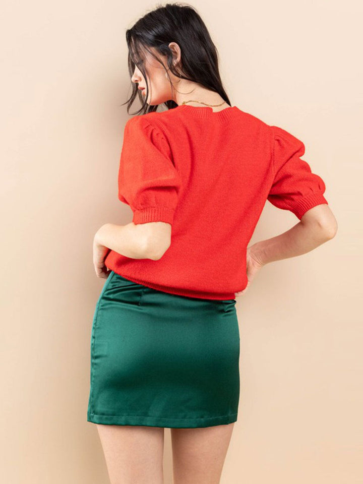 WOMEN'S SHORT PUFF SLEEVE GRAPHIC DETAILED BLOUSE