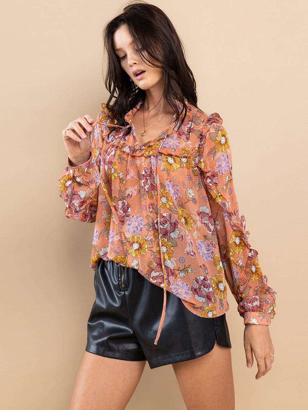 WOMEN'S LONG SLEEVE NECK TIE RUFFLE FLORAL BLOUSE TOP