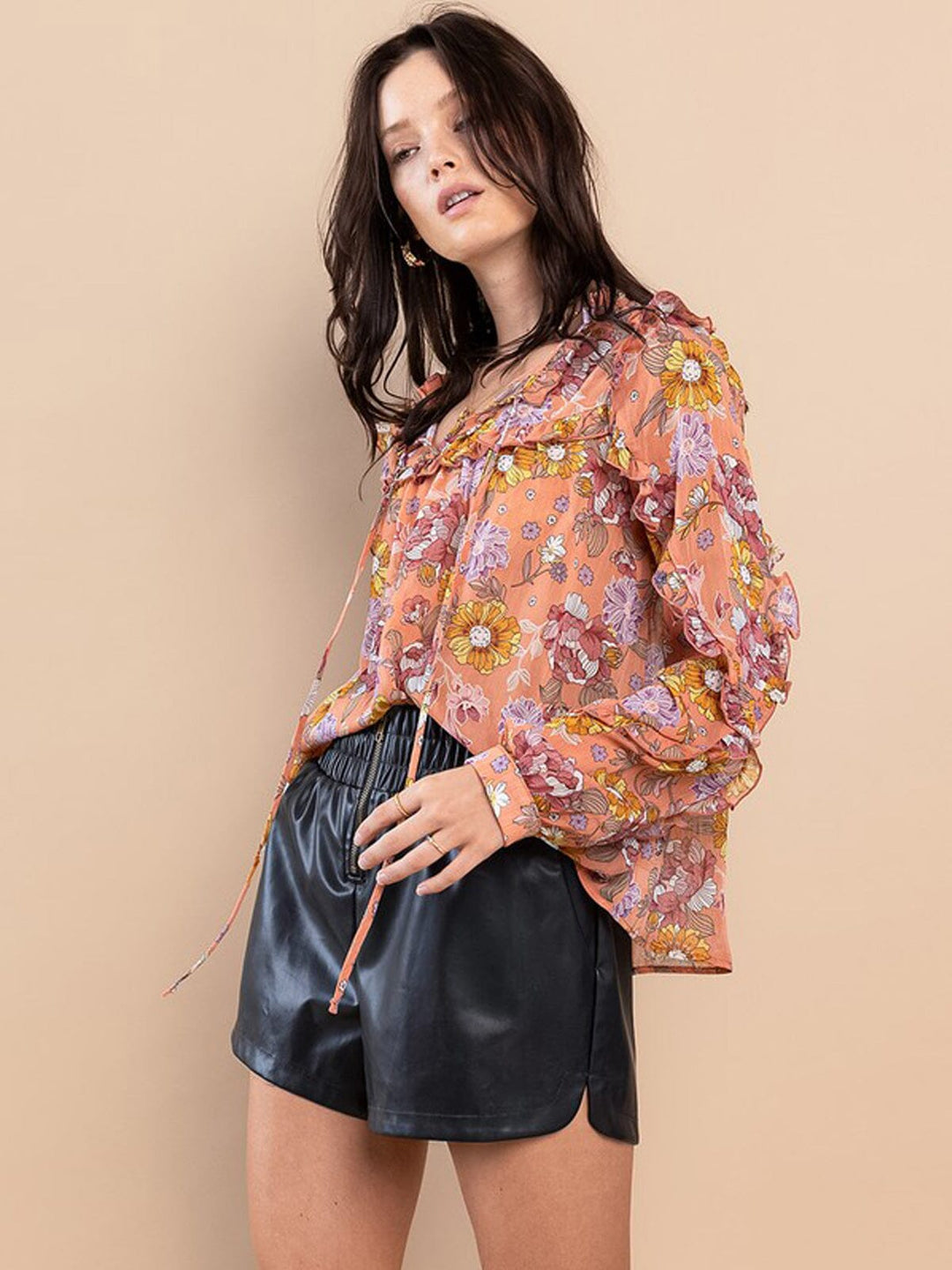 WOMEN'S LONG SLEEVE NECK TIE RUFFLE FLORAL BLOUSE TOP