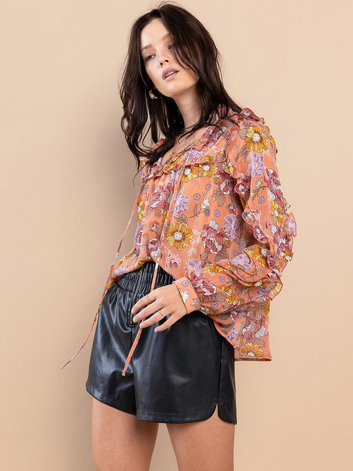 WOMEN'S LONG SLEEVE NECK TIE RUFFLE FLORAL BLOUSE TOP