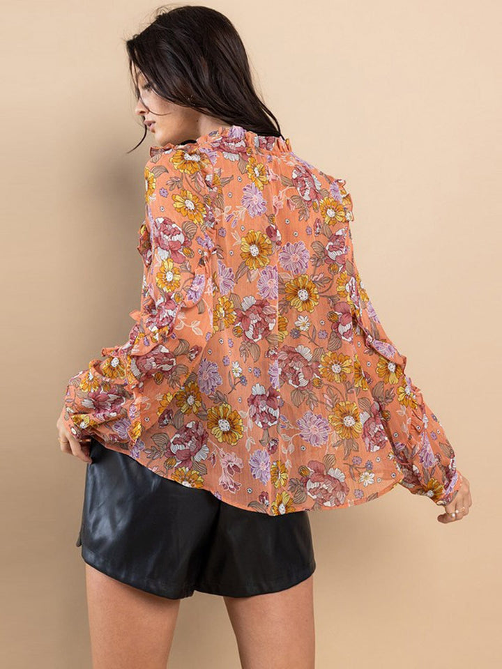 WOMEN'S LONG SLEEVE NECK TIE RUFFLE FLORAL BLOUSE TOP