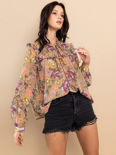 WOMEN'S LONG SLEEVE NECK TIE RUFFLE FLORAL BLOUSE TOP