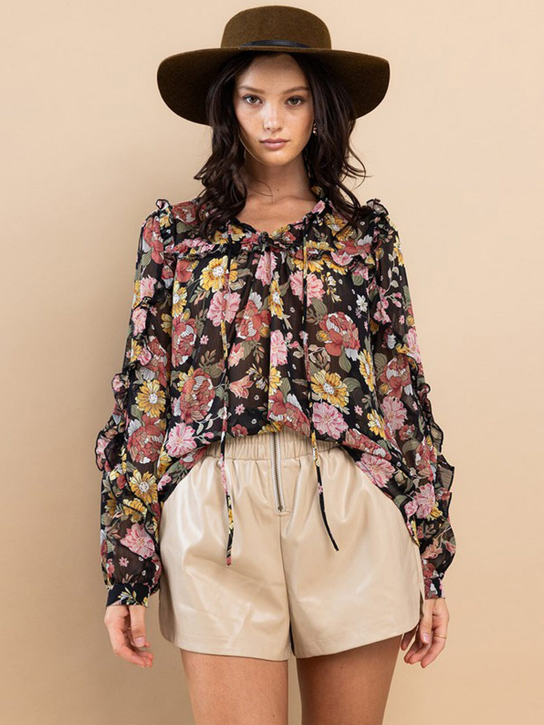 WOMEN'S LONG SLEEVE NECK TIE RUFFLE FLORAL BLOUSE TOP