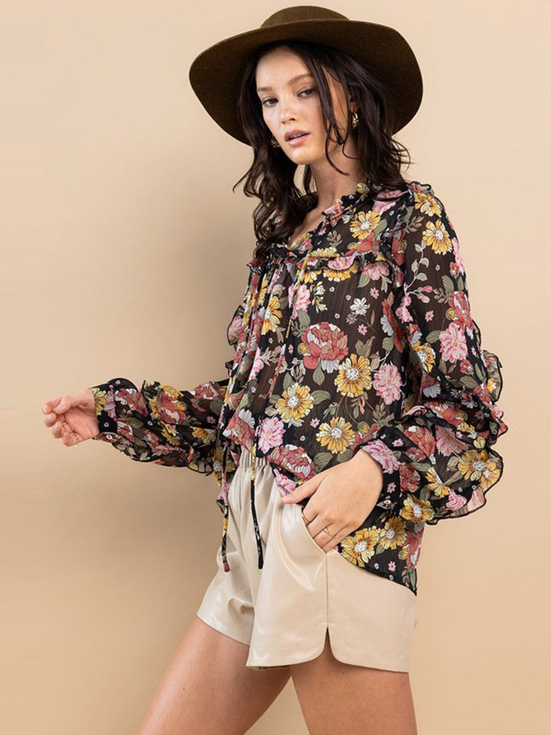 WOMEN'S LONG SLEEVE NECK TIE RUFFLE FLORAL BLOUSE TOP