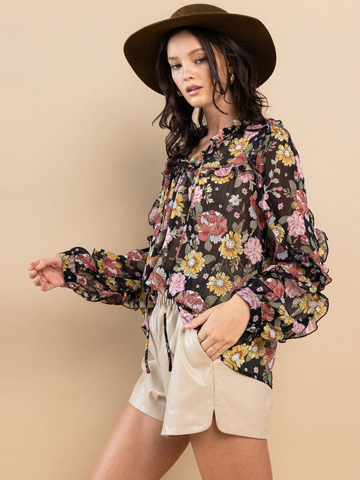 WOMEN'S LONG SLEEVE NECK TIE RUFFLE FLORAL BLOUSE TOP