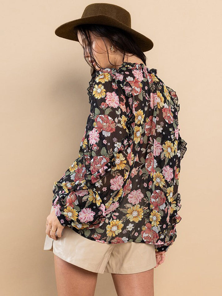 WOMEN'S LONG SLEEVE NECK TIE RUFFLE FLORAL BLOUSE TOP