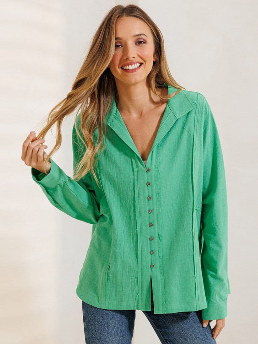 WOMEN'S LONG SLEEVE BUTTON UP OVERSIZED BLOUSE TOP ...