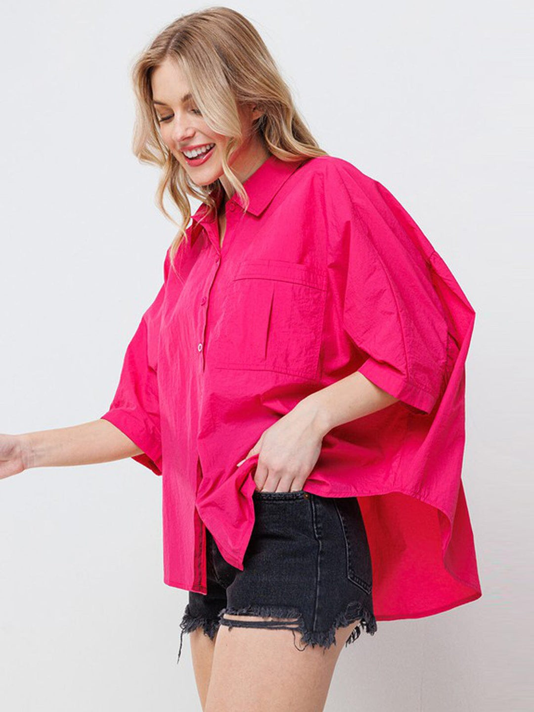 WOMEN'S SHORT RUFFLE SLEEVE BUTTON UP TUNIC BLOUSE TOP