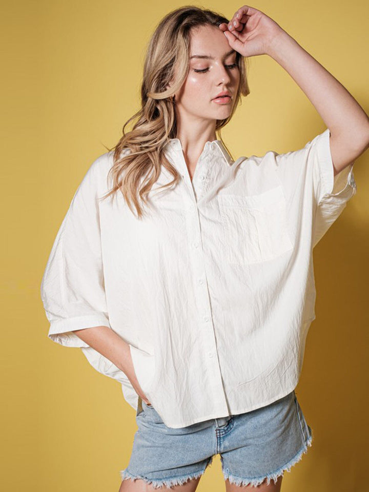 WOMEN'S SHORT RUFFLE SLEEVE BUTTON UP TUNIC BLOUSE TOP