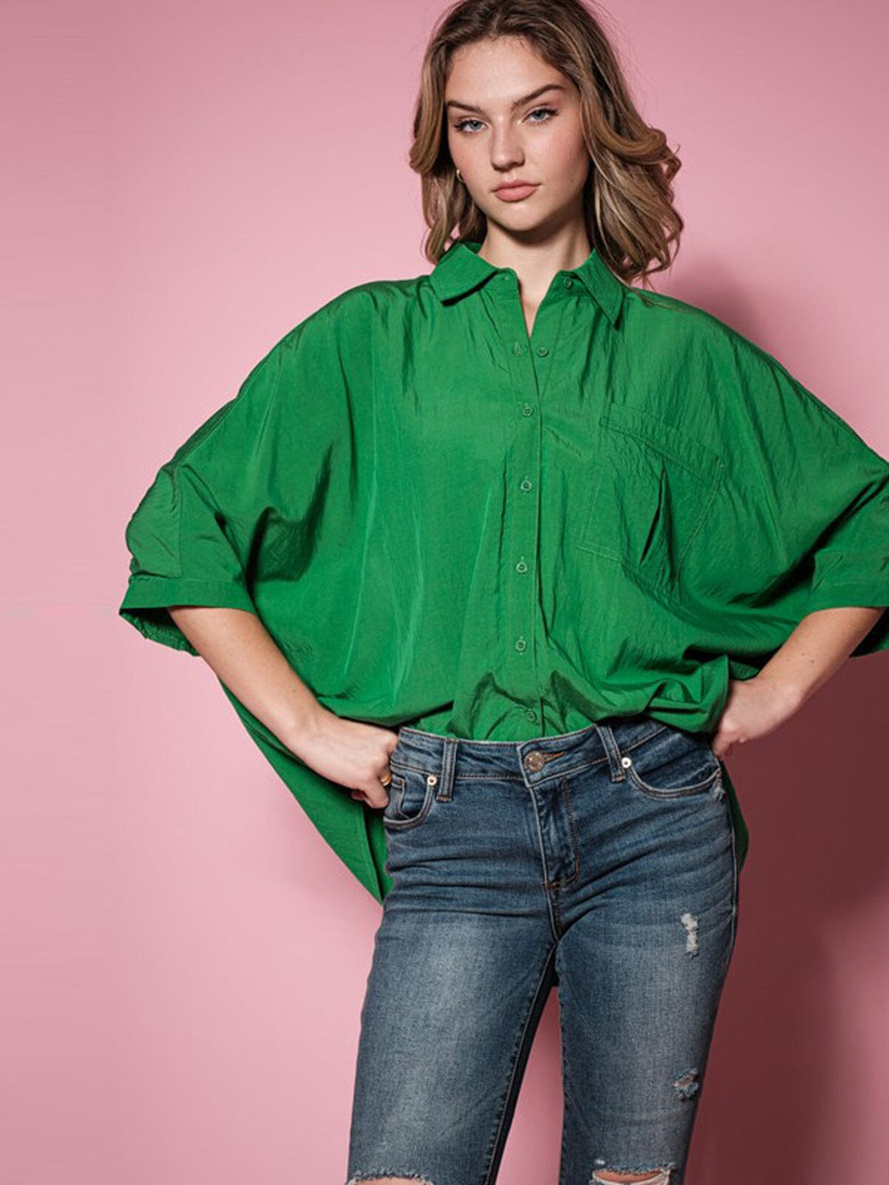 WOMEN'S SHORT RUFFLE SLEEVE BUTTON UP TUNIC BLOUSE TOP