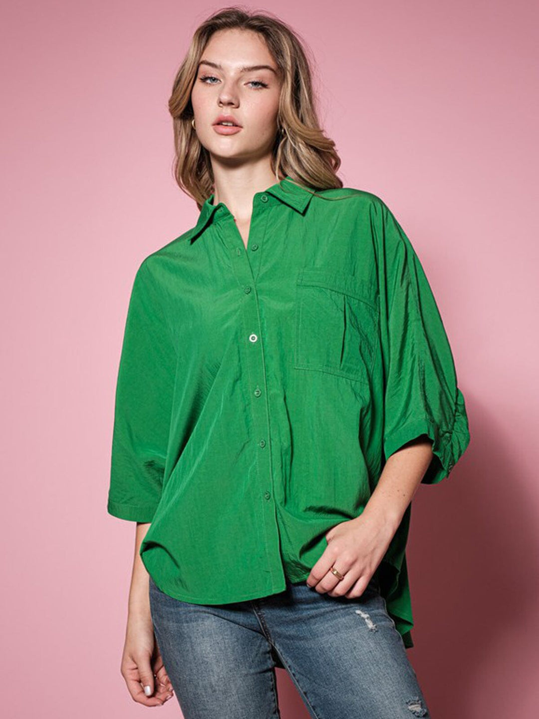 WOMEN'S SHORT RUFFLE SLEEVE BUTTON UP TUNIC BLOUSE TOP