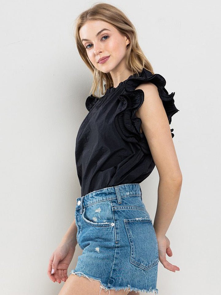 WOMEN'S SHORT RUFFLE SLEEVE DETAILED TUNIC BLOUSE TOP
