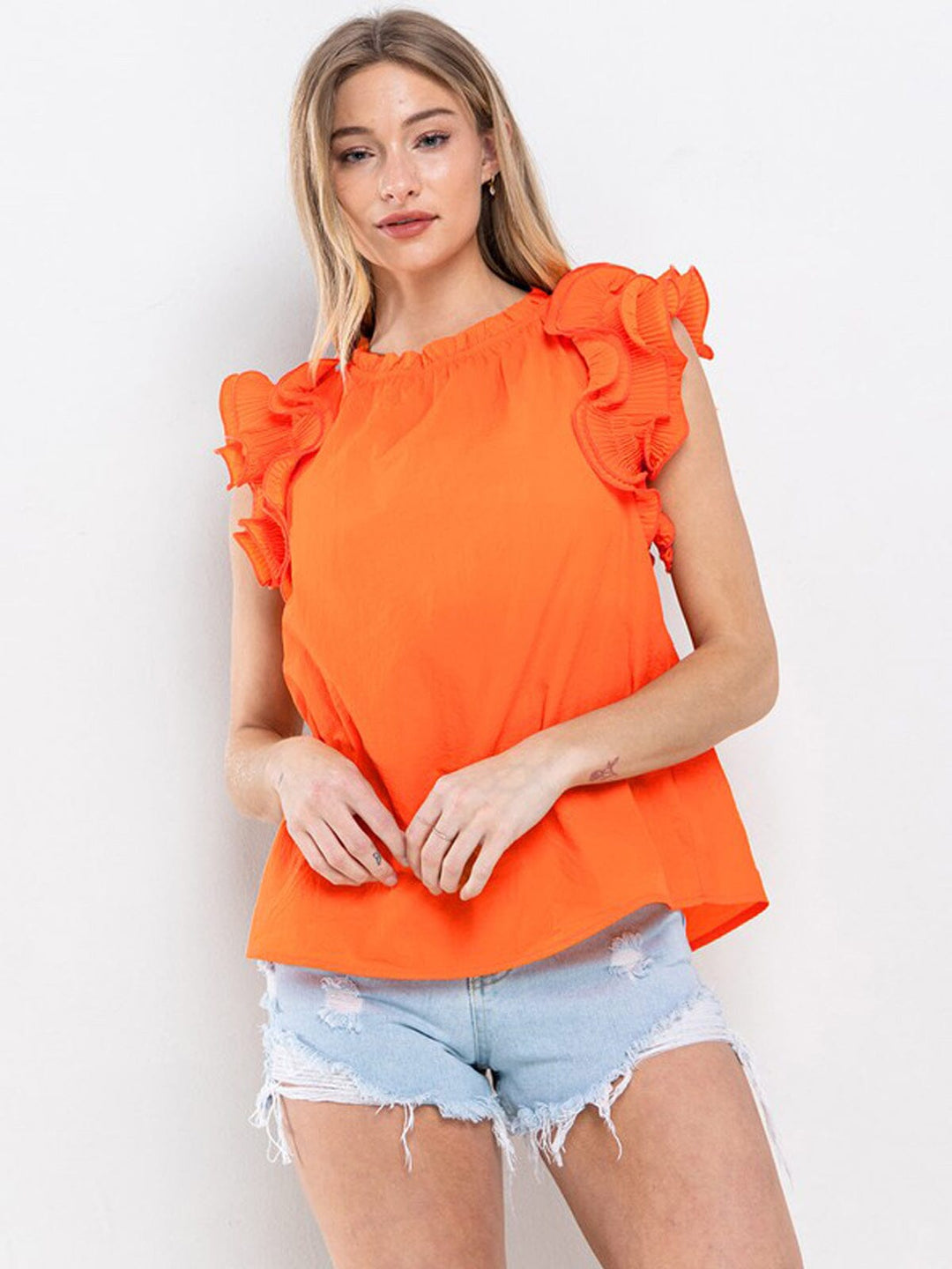 WOMEN'S SHORT RUFFLE SLEEVE DETAILED TUNIC BLOUSE TOP