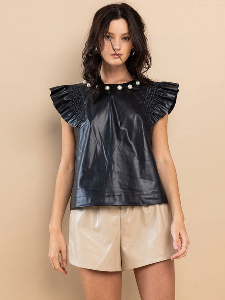 WOMEN'S SHORT RUFFLE SLEEVE NECK PEARL DETAILED PU PLEATHER TOP