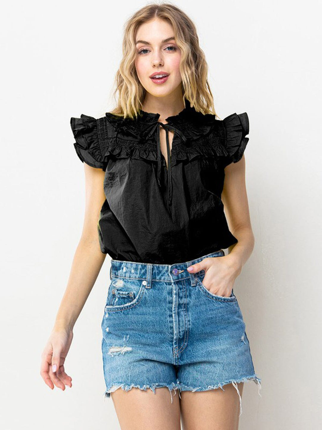 WOMEN'S RUFFLE SLEEVE NECK TIE BLOUSE TOP