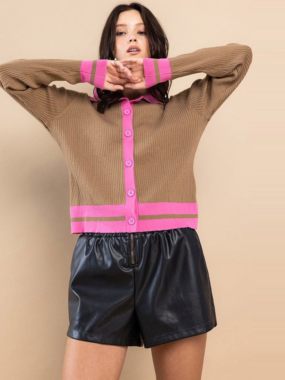 WOMEN'S LONG SLEEVE BUTTON UP COLORBLOCK RIBBED TOP