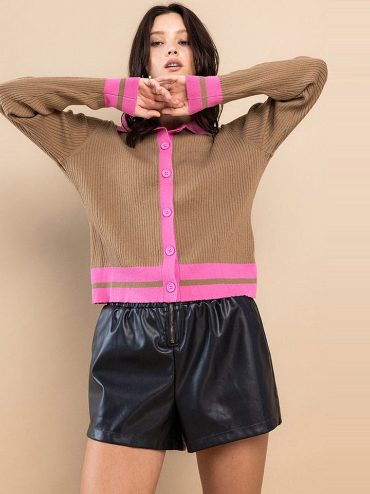 WOMEN'S LONG SLEEVE BUTTON UP COLORBLOCK RIBBED TOP