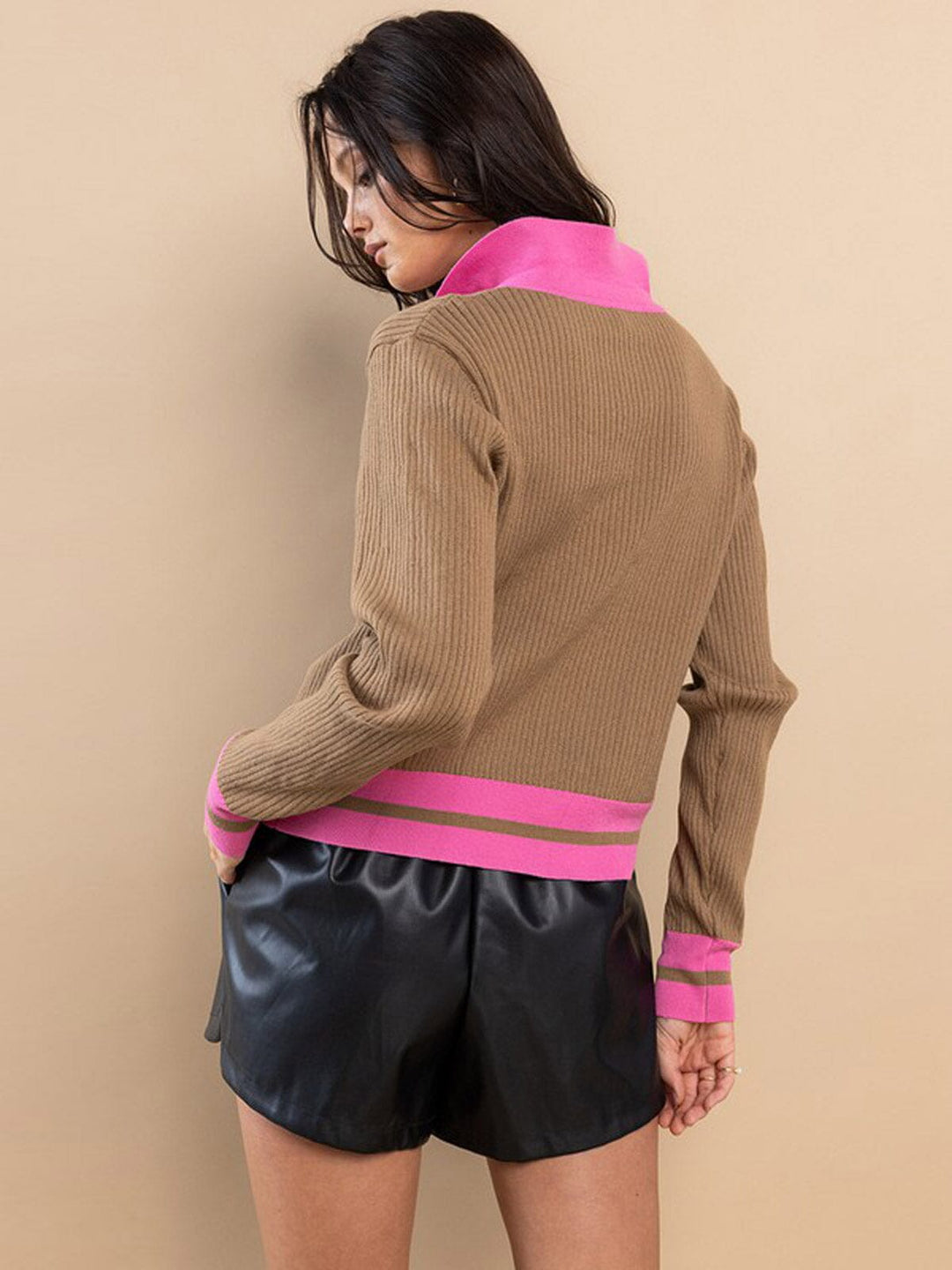 WOMEN'S LONG SLEEVE BUTTON UP COLORBLOCK RIBBED TOP