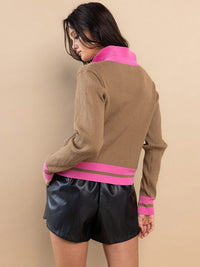 WOMEN'S LONG SLEEVE BUTTON UP COLORBLOCK RIBBED TOP