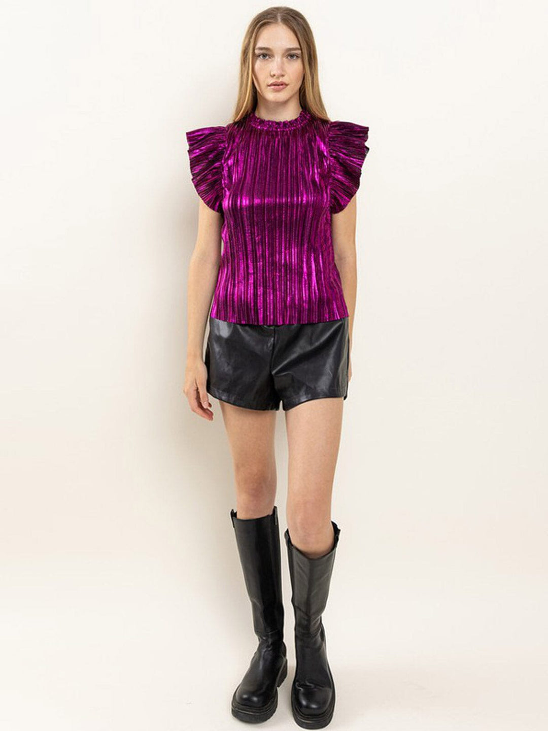 WOMEN'S SHORT SLEEVE PLEATED SHIMMER DETAILED BLOUSE TOP