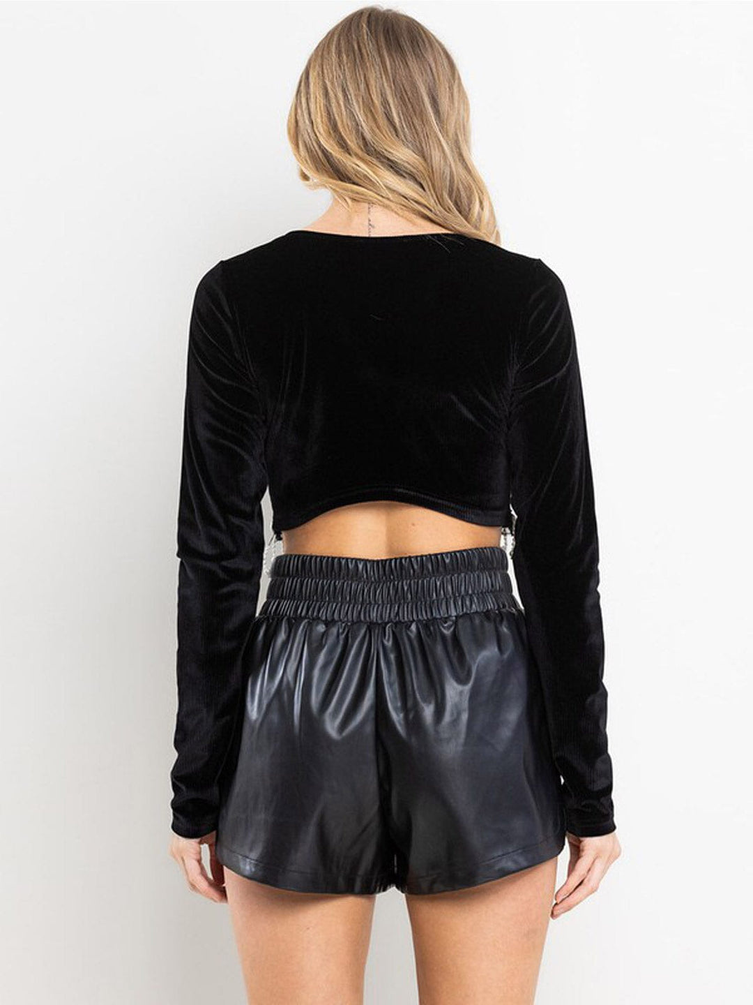 WOMEN'S LONG SLEEVE FRINGE PEARLS VELVET CROP TOP
