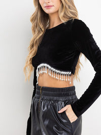 WOMEN'S LONG SLEEVE FRINGE PEARLS VELVET CROP TOP