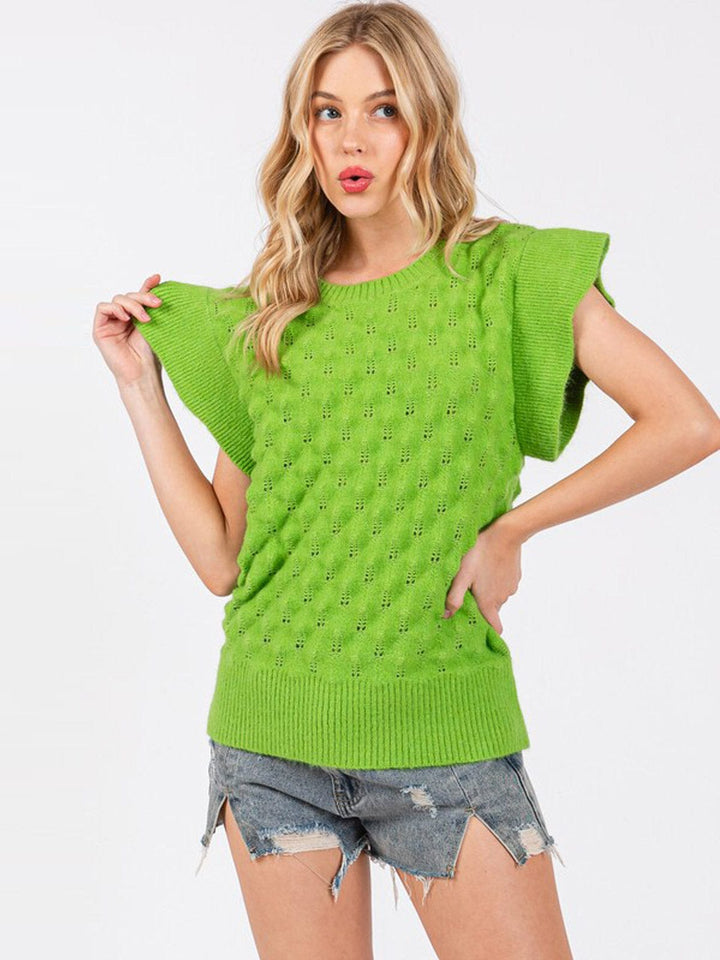 WOMEN'S SHORT SLEEVE WAFFLE DETAILED KNIT BLOUSE TOP