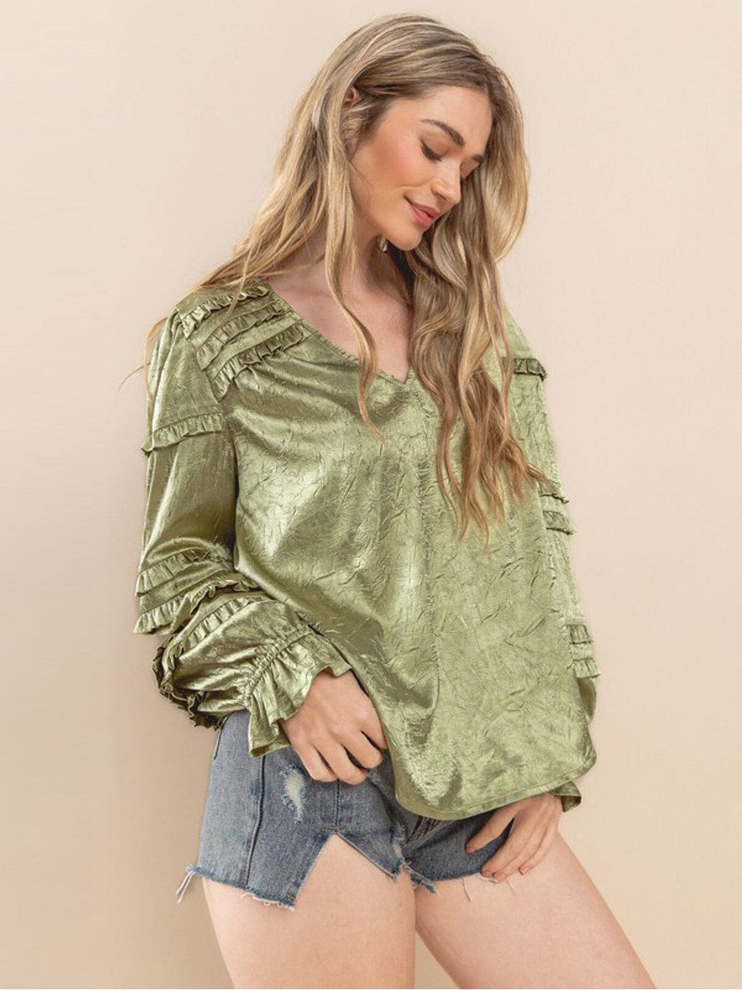 WOMEN'S LONG RUFFLE SLEEVE V-NECK BLOUSE TOP