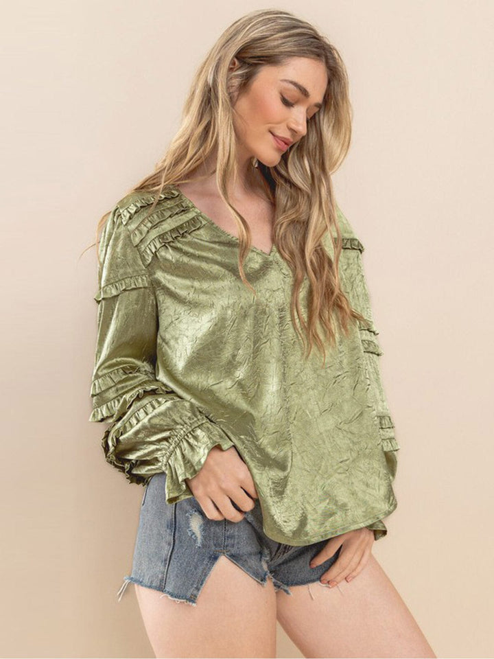 WOMEN'S LONG RUFFLE SLEEVE V-NECK BLOUSE TOP