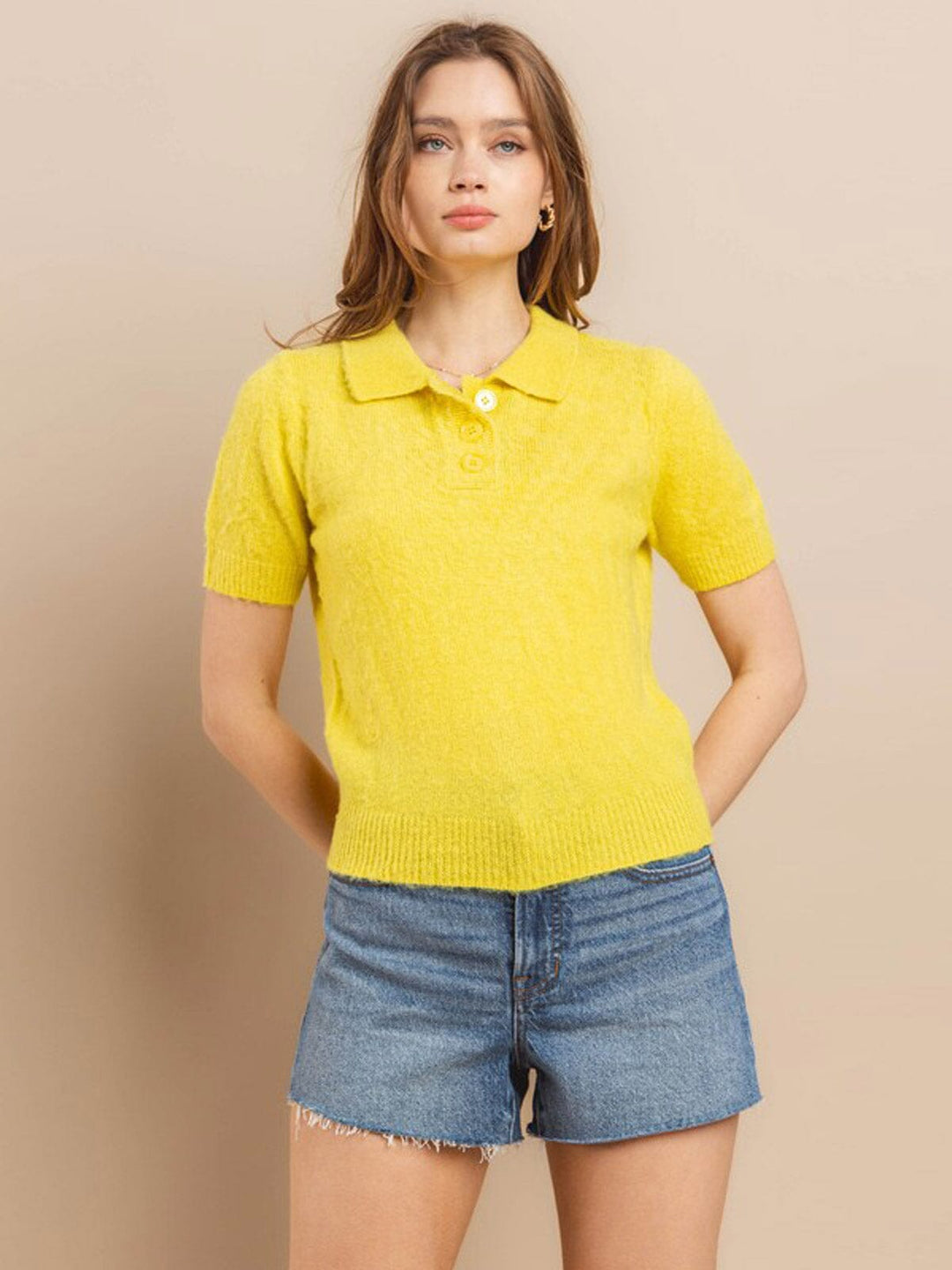 WOMEN'S SHORT SLEEVE BUTTON CLOSURE FUZZY BLOUSE TOP