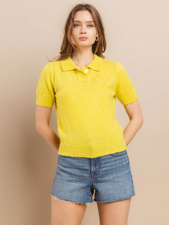 WOMEN'S SHORT SLEEVE BUTTON CLOSURE FUZZY BLOUSE TOP