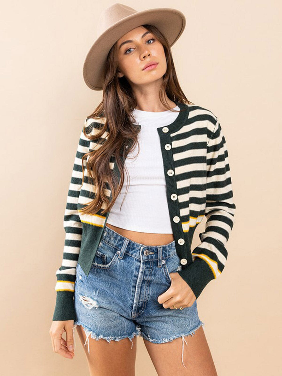 WOMEN'S LONG SLEEVE BUTTON CLOSURE STRIPES COLORBLOCK TOP