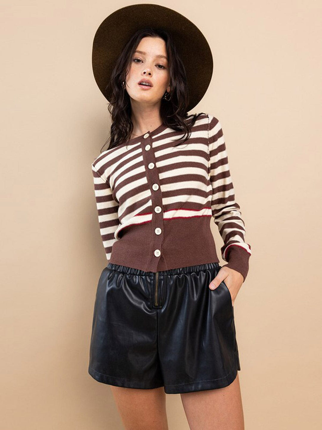 WOMEN'S LONG SLEEVE BUTTON CLOSURE STRIPES COLORBLOCK TOP