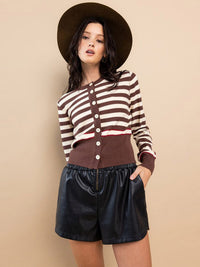 WOMEN'S LONG SLEEVE BUTTON CLOSURE STRIPES COLORBLOCK TOP