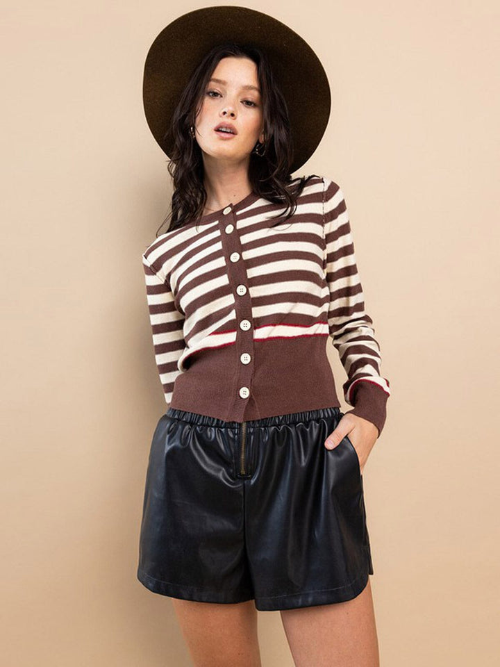 WOMEN'S LONG SLEEVE BUTTON CLOSURE STRIPES COLORBLOCK TOP