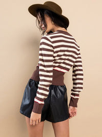 WOMEN'S LONG SLEEVE BUTTON CLOSURE STRIPES COLORBLOCK TOP