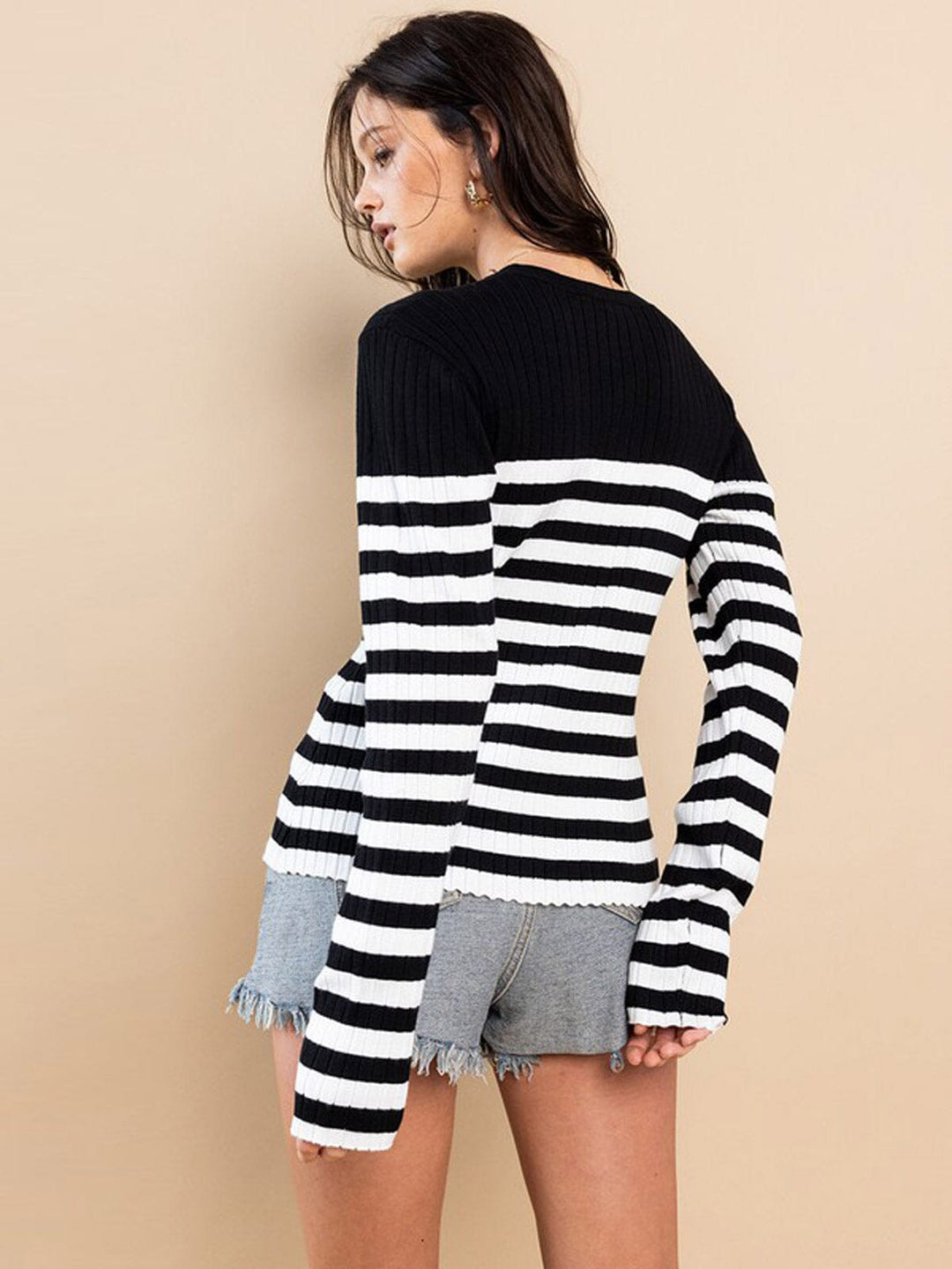 WOMEN'S LONG SLEEVE STRIPES COLORBLOCK RIBBED TOP