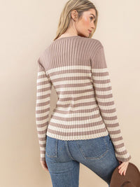 WOMEN'S LONG SLEEVE STRIPES COLORBLOCK RIBBED TOP